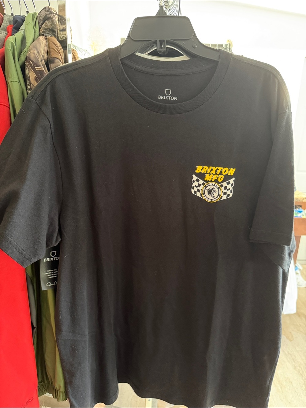 Brixton Black Tee with Yellow Racing Chest Logo NWOT